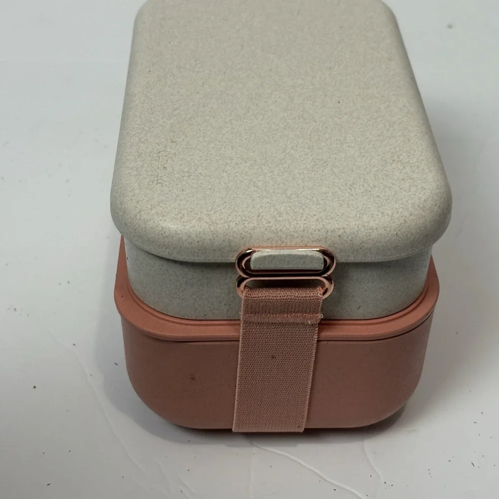 Our Place Layered Lunch Box w/Clips & Utensils Pink Rose Gold Bento Meal Prep